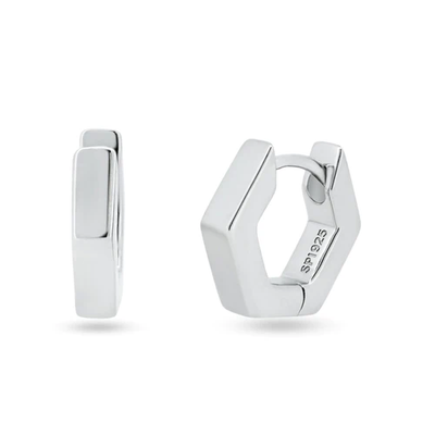 Sterling Silver Rhodium Plated Hexagon Huggie Hoop Earrings