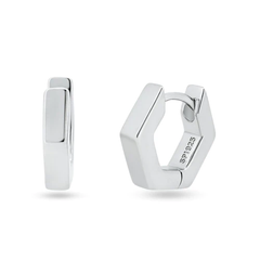 Sterling Silver Rhodium Plated Hexagon Huggie Hoop Earrings