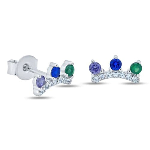 Sterling Silver Rhodium Plated Multi Color Crown CZ Stud Earrings