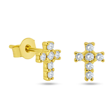 Load image into Gallery viewer, Sterling Silver Gold Plated Clear CZ Cross Earrings