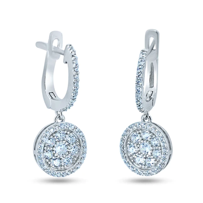 Sterling Silver Rhodium Plated Dangling CZ Encrusted Disc Hoop Earrings