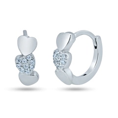 Sterling Silver Rhodium Plated Pave Huggie Hearts Hoop Earrings