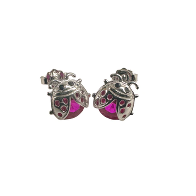 Sterling Silver Rhodium Plated Lady Bug Red CZ Stud Earrings Dimensions-7.3mmx6.9mm