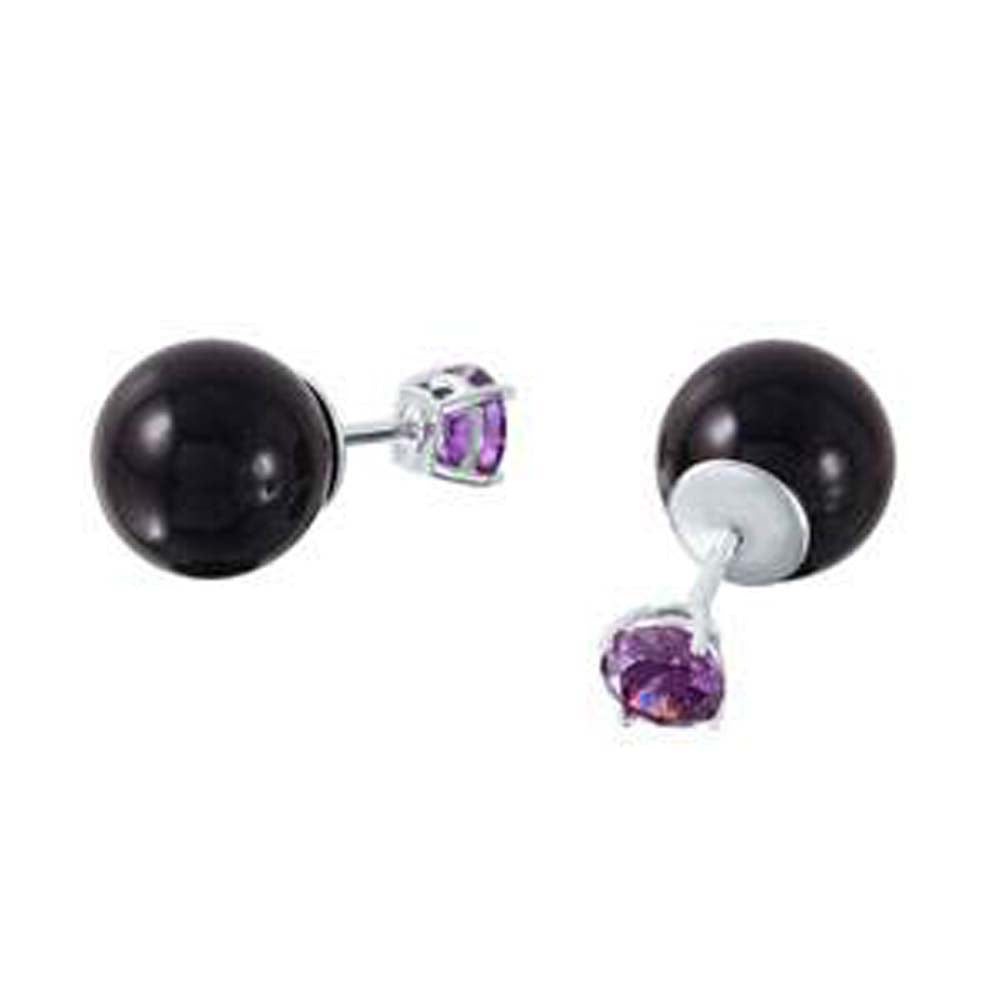 Sterling Silver February Birthstone Black Synthetic Pearl Stud Earrings with Amethyst CZ