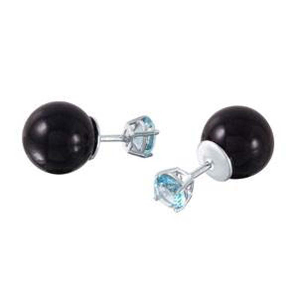 Sterling Silver March Birthstone Black Synthetic Pearl Stud Earrings with Aquamarine CZ