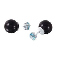 Load image into Gallery viewer, Sterling Silver March Birthstone Black Synthetic Pearl Stud Earrings with Aquamarine CZ