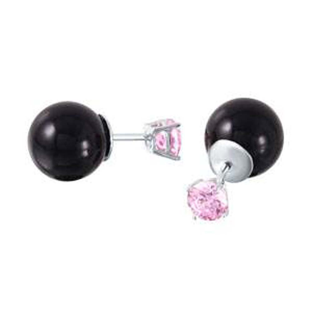 Sterling Silver October Birthstone Black Synthetic Pearl Stud Earrings with Pink CZ