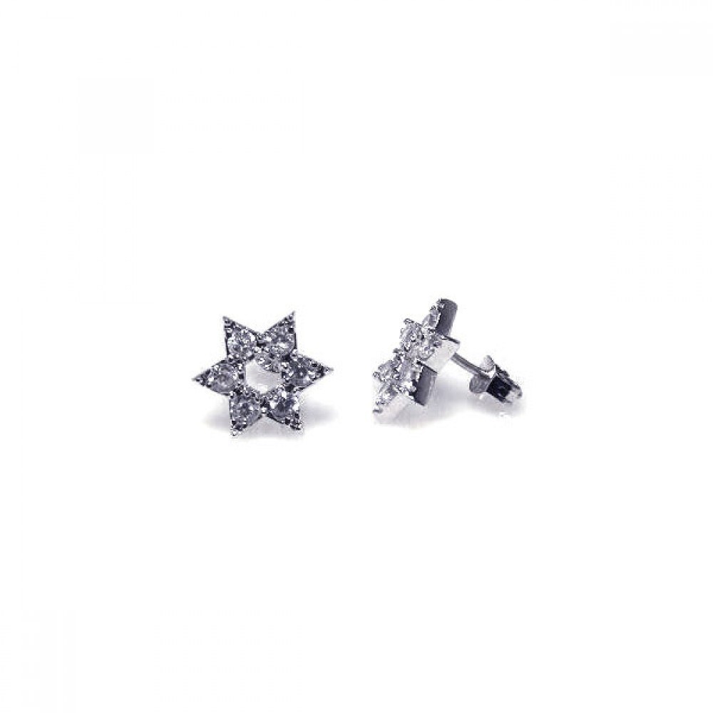 Sterling Silver Rhodium Plated Star Of David Shaped Stud Earring With CZ Stones