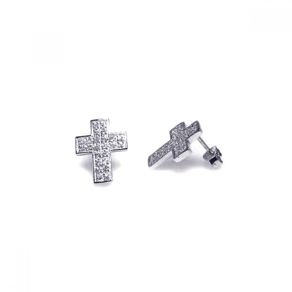 Sterling Silver Rhodium Plated Cross Micro Pave Clear CZ Stud Earring