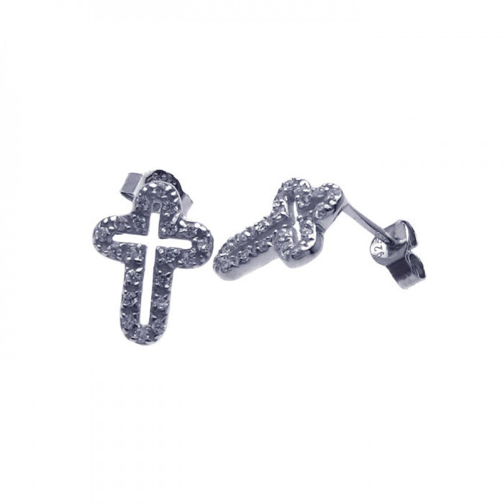 Sterling Silver Rhodium Plated Open Cross Shaped  Stud Earring With CZ Stones