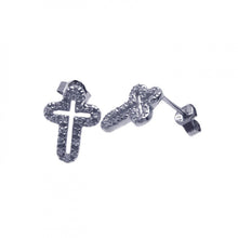 Load image into Gallery viewer, Sterling Silver Rhodium Plated Open Cross Shaped  Stud Earring With CZ Stones