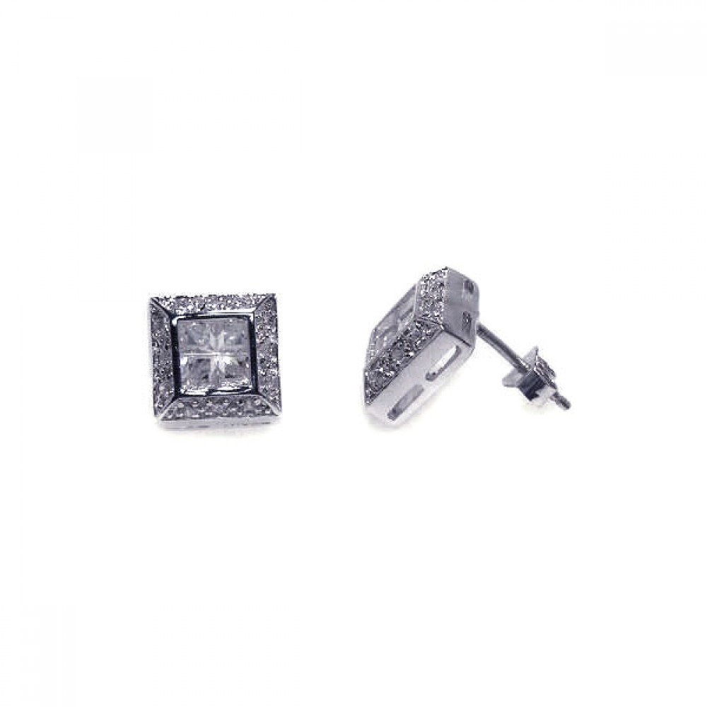 Sterling Silver Square Shaped  Stud Earrings With CZ Stones