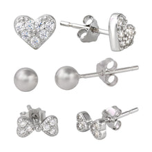 Load image into Gallery viewer, Sterling Silver Rhodium Plated Plain Bead CZ Heart And CZ Bowtie Stud Set