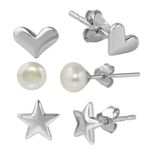 Load image into Gallery viewer, Sterling Silver Rhodium Plated Plain StarAnd Plain Heart And Fresh Water Pearl Stud Set
