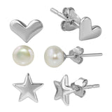 Sterling Silver Rhodium Plated Plain StarAnd Plain Heart And Fresh Water Pearl Stud Set