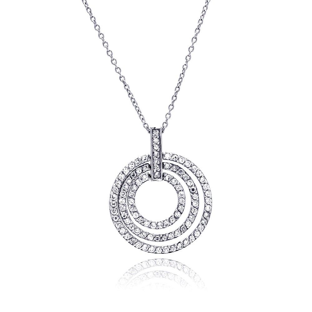 Sterling Silver Necklace with Three Paved Clear Czs Graduated Open Circle Pendant