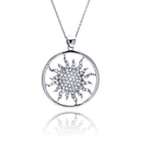 Sterling Silver Necklace with Sun Design Inlaid with Micro Paved Clear Czs Round Pendant