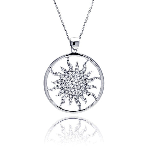 Sterling Silver Necklace with Sun Design Inlaid with Micro Paved Clear Czs Round Pendant