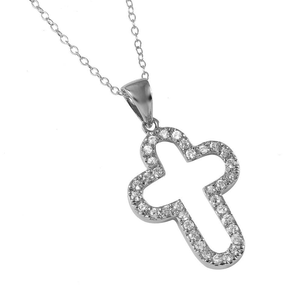 Sterling Silver Rhodium Plated Necklace with Paved Open Round Cross PendantAnd Spring Clasp ClosureAnd Length of 17