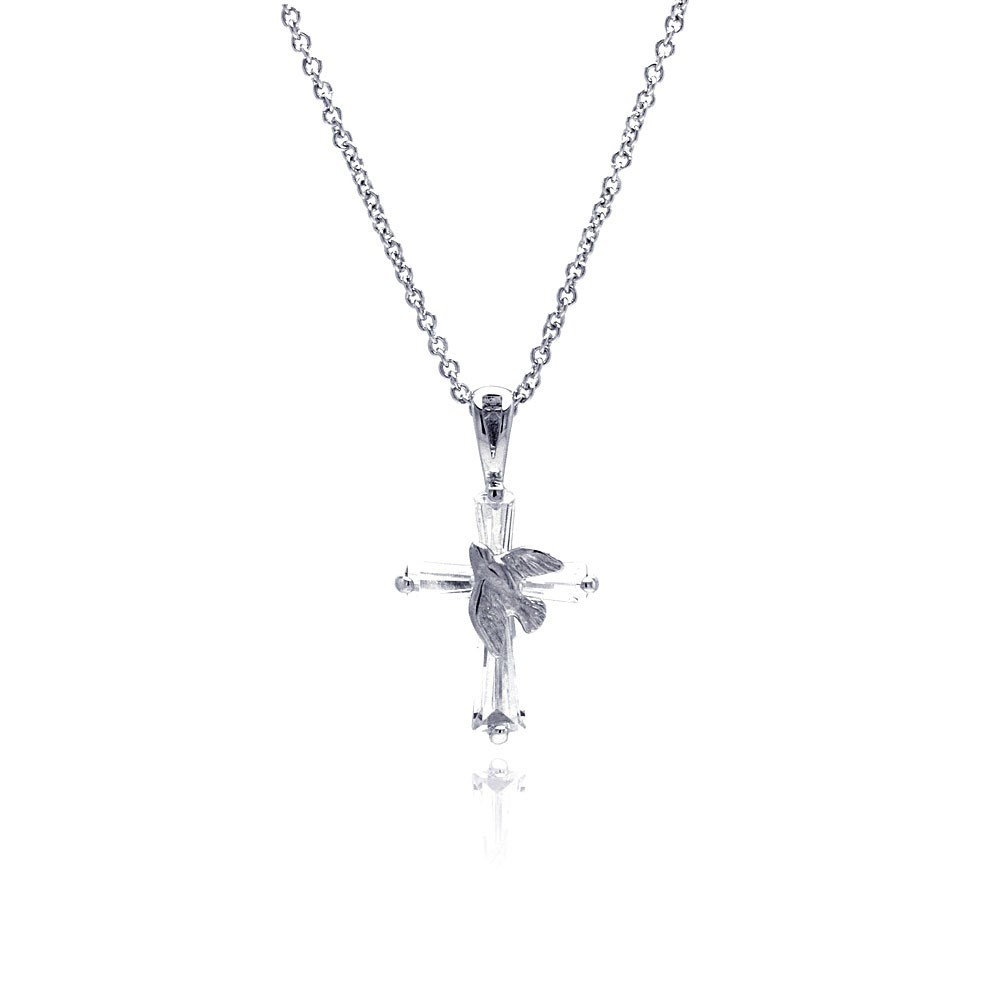 Sterling Silver Rhodium Plated Cross Dove Pendant Necklace