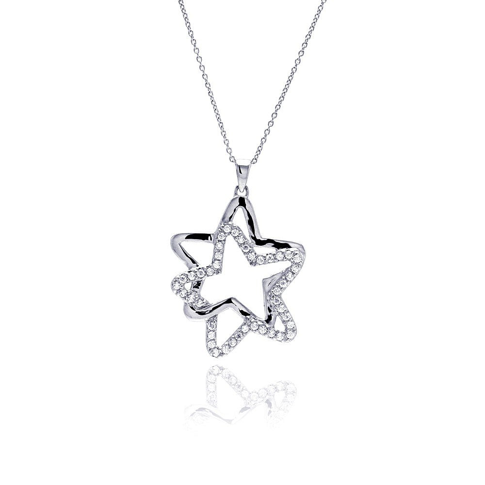 Sterling Silver Necklace with Twin Stars Inlaid with Clear Czs Pendant