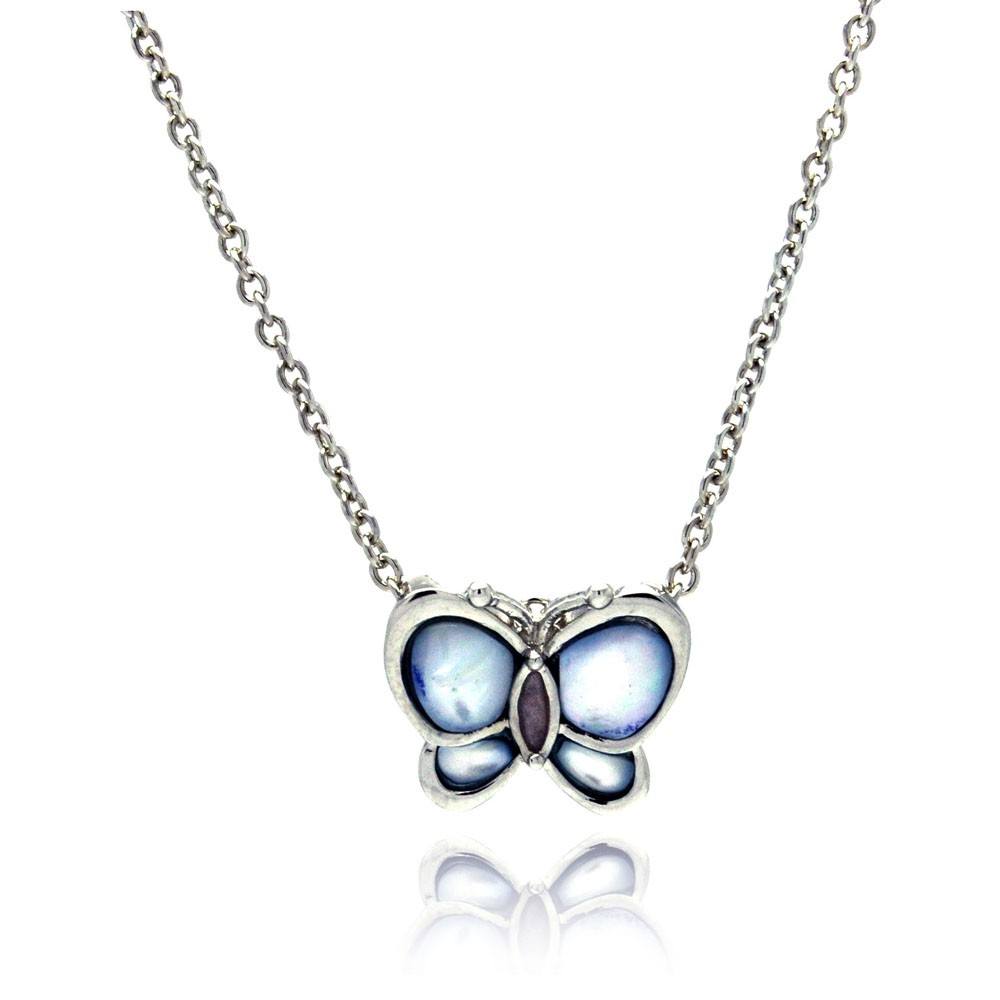 Sterling Silver Necklace with Fancy Blue Mother of Pearl Butterfly Pendant