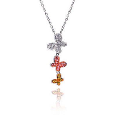 Sterling Silver Necklace with Three-Toned Three Butterfly Link Inlaid with Multi-Color Czs Pendant