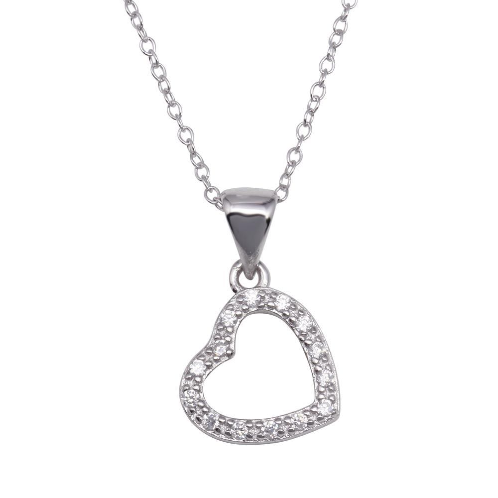 Sterling Silver Clear CZ Rhodium Plated Hanging Heart Pendant Necklace