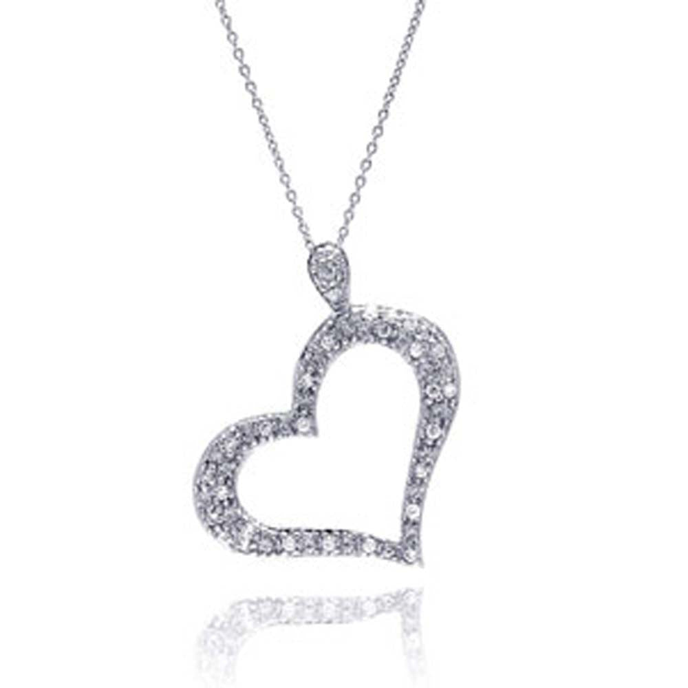 Sterling Silver Necklace with Classy Open Heart Inlaid with Clear Czs Pendant