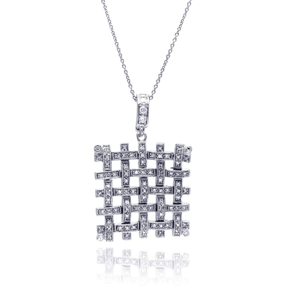 Sterling Silver Necklace with Stylish Mesh Inlaid with Clear Czs Pendant