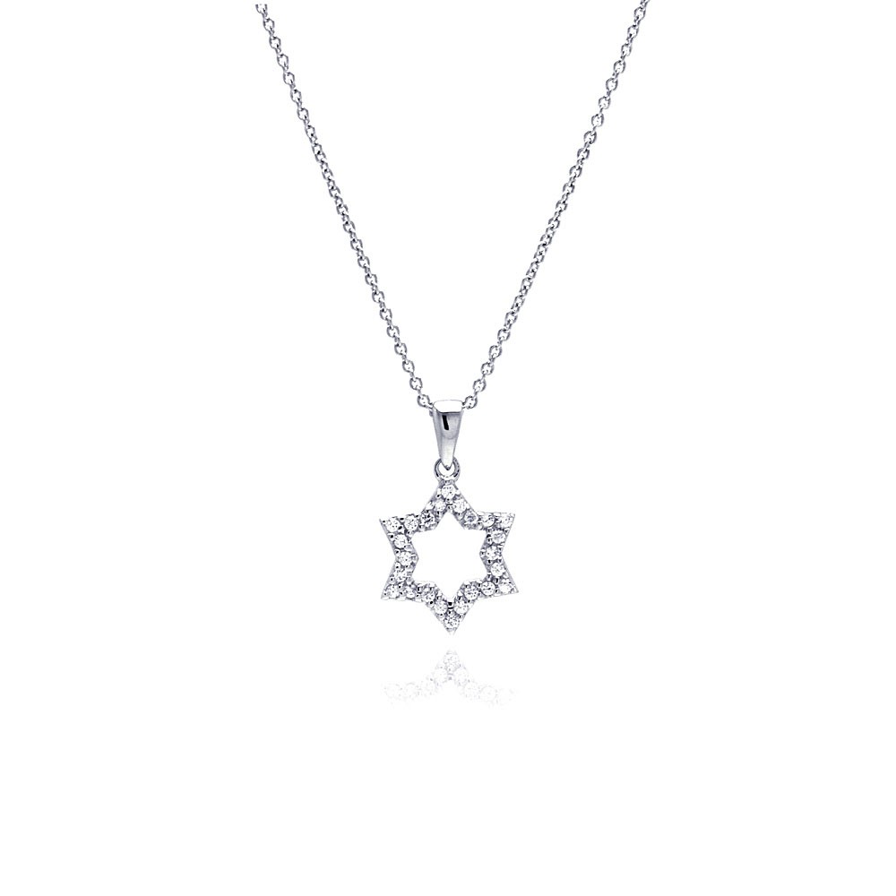 Sterling Silver Clear CZ Rhodium Plated Open Star Pendant Necklace