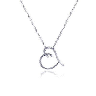 Sterling Silver Necklace with Sideways Fancy Heart Shaped Inlaid with Clear Czs Pendant