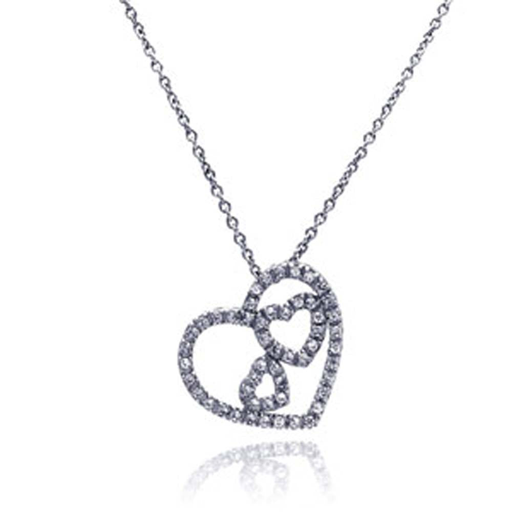 Sterling Silver Necklace with Fancy Three Hearts Design Inlaid with Clear Czs Pendant