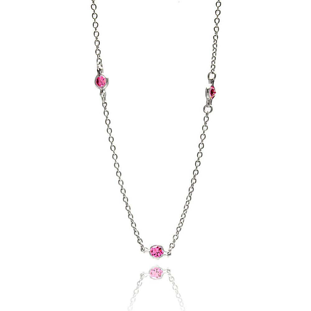 Sterling Silver Classy Necklace with Pink Cz ConnectorsAnd Chain Length of 16 And Stone Size: 4MM