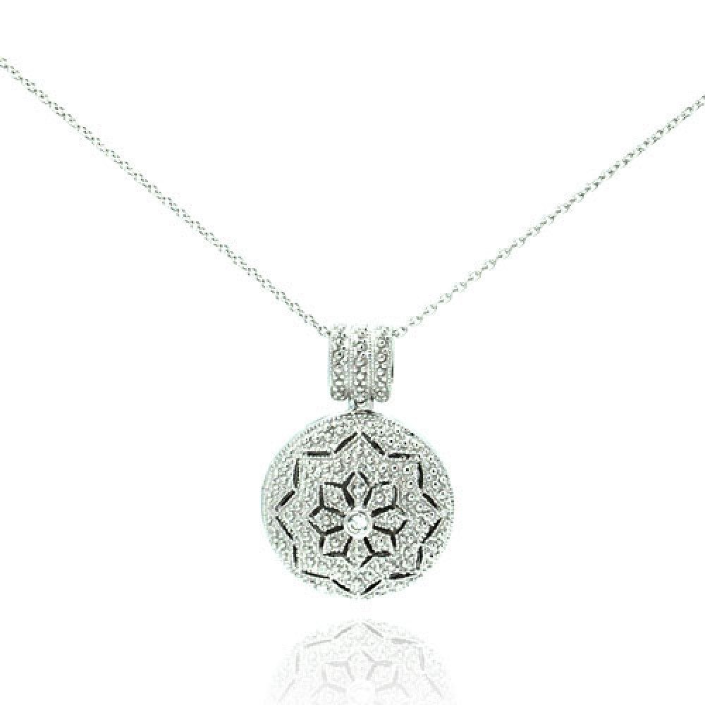 Sterling Silver Necklace with Flower Design Covered with Micro Paved Czs Round Locket Pendant