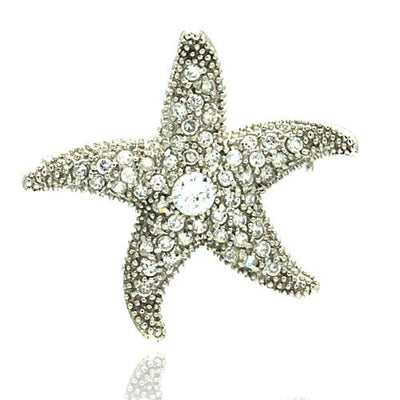 Sterling Silver Rhodium Plated Clear CZ Starfish Pin Pendant Necklace
