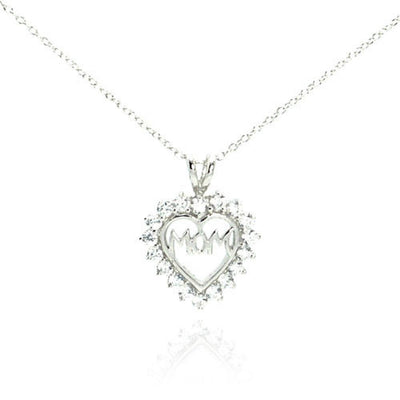 Sterling Silver Clear CZ Rhodium Plated Mom Heart Pendant Necklace