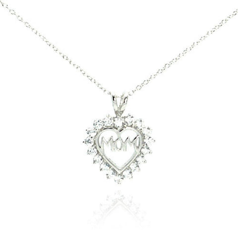 Sterling Silver Clear CZ Rhodium Plated Mom Heart Pendant Necklace���������