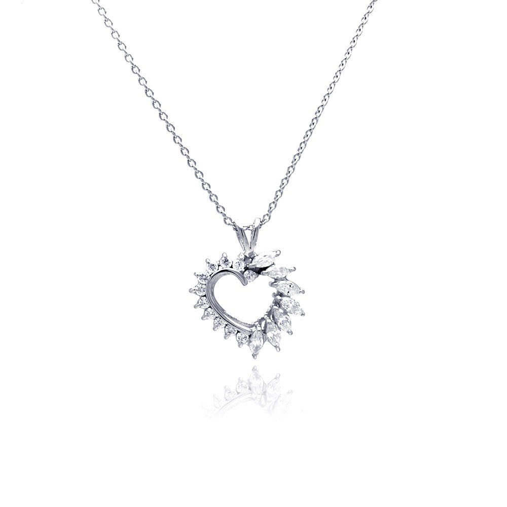 Sterling Silver Necklace with Spike Heart Set with Round and Marquise Cut Clear Czs Pendant
