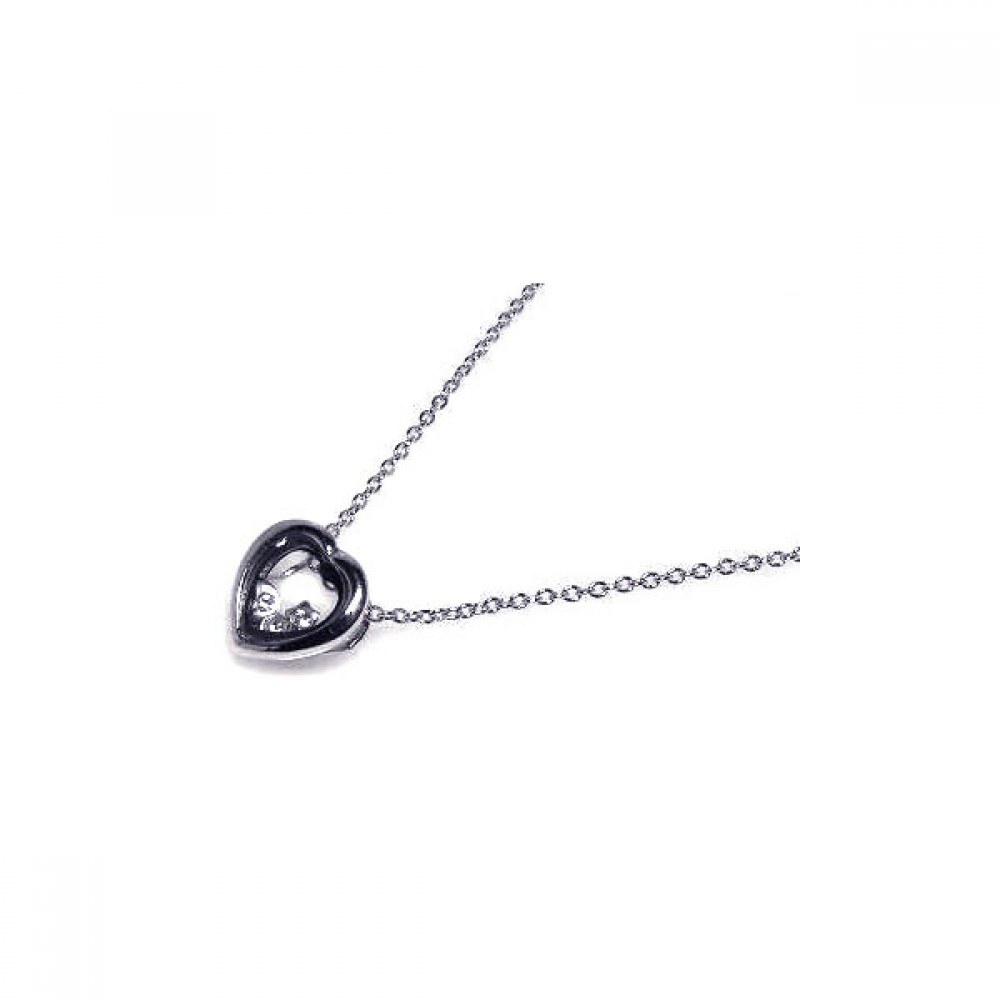 Sterling Silver Necklace with Fancy Two-Toned Heart with Clear Czs Pendant