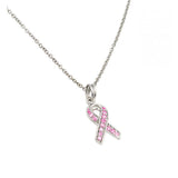 Nickel Free Rhodium Plated Sterling Silver Stylish Ribbon Necklace Paved with Pink Round CZ Stones