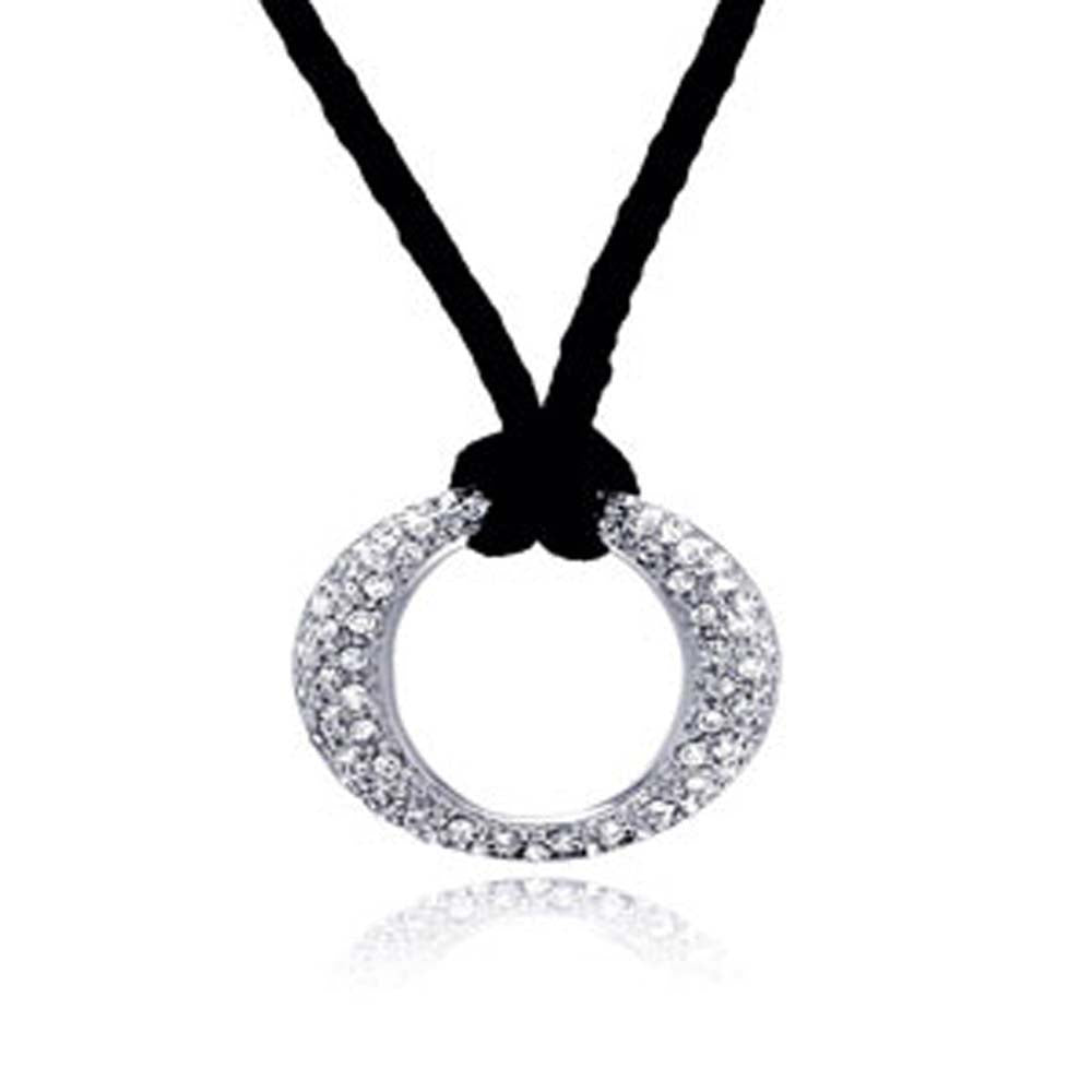 Sterling Silver Black Cord Necklace with Paved Czs Open Circle Pendant