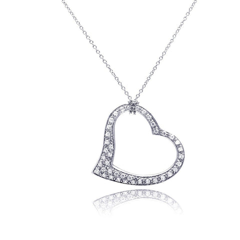 Sterling Silver Necklace with Fancy Sideways Heart Inlaid with Clear Czs Pendant