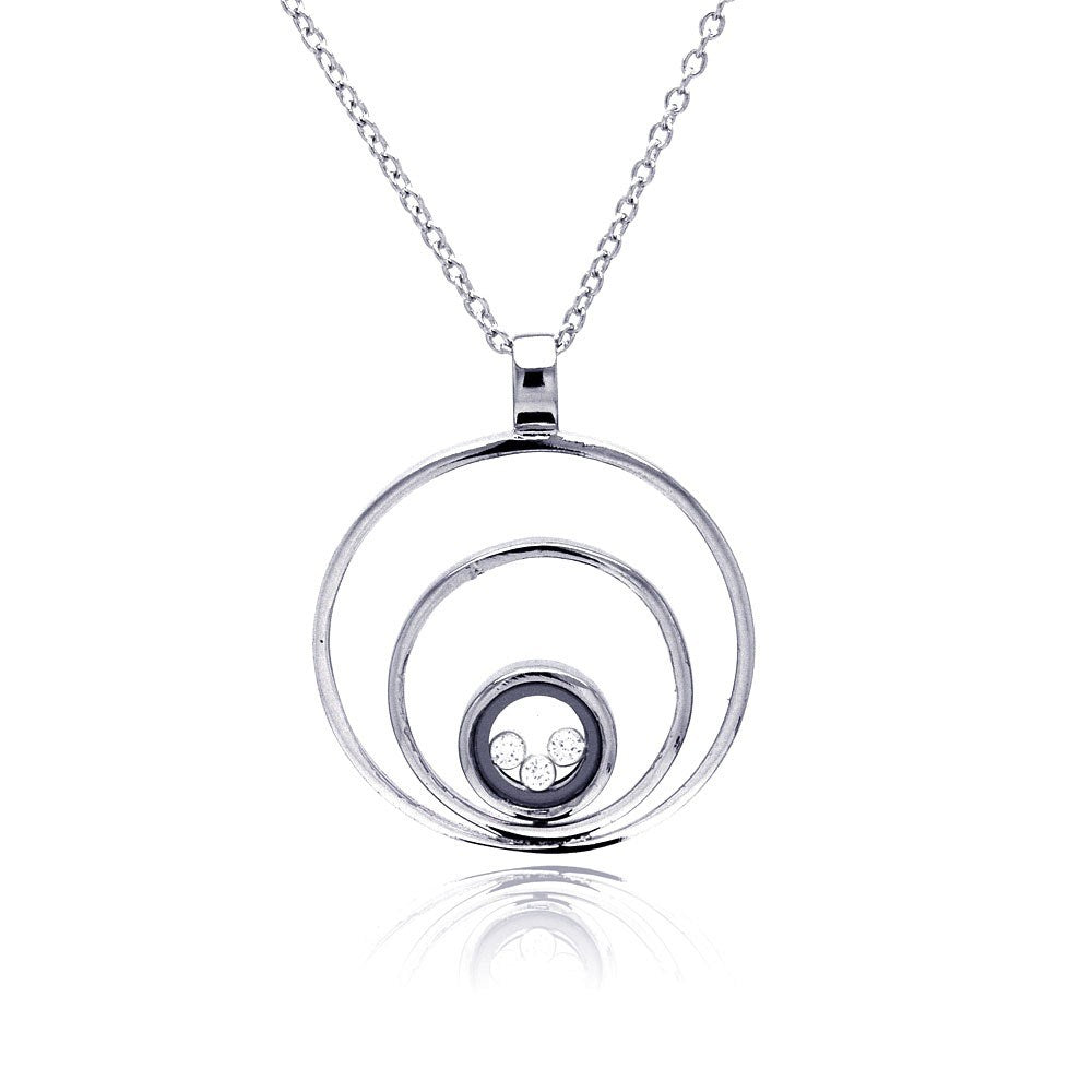 Sterling Silver Necklace with Fancy Three Graduated Open Circle Pendant Centered with Clear Czs on Bezel Setting