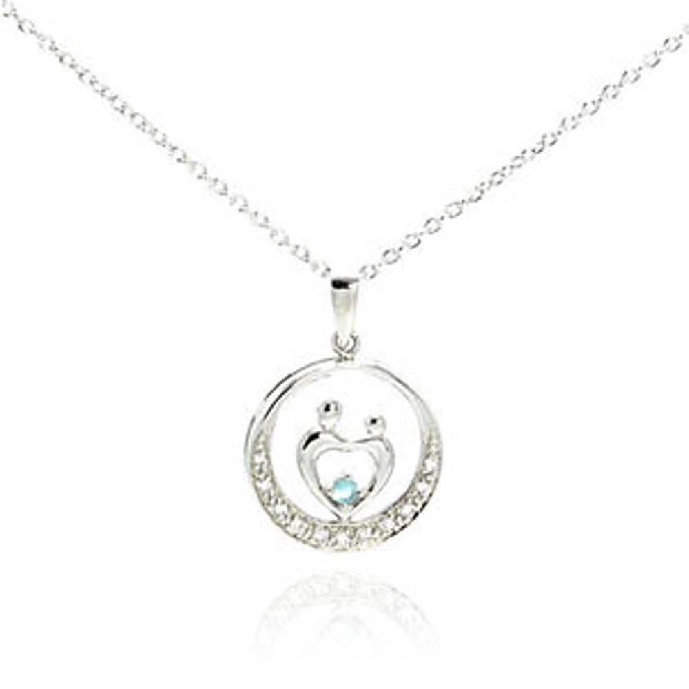 Sterling Silver Necklace with Family Design Pendant Centered with Single Blue Cz and Inlaid with Clear Czs