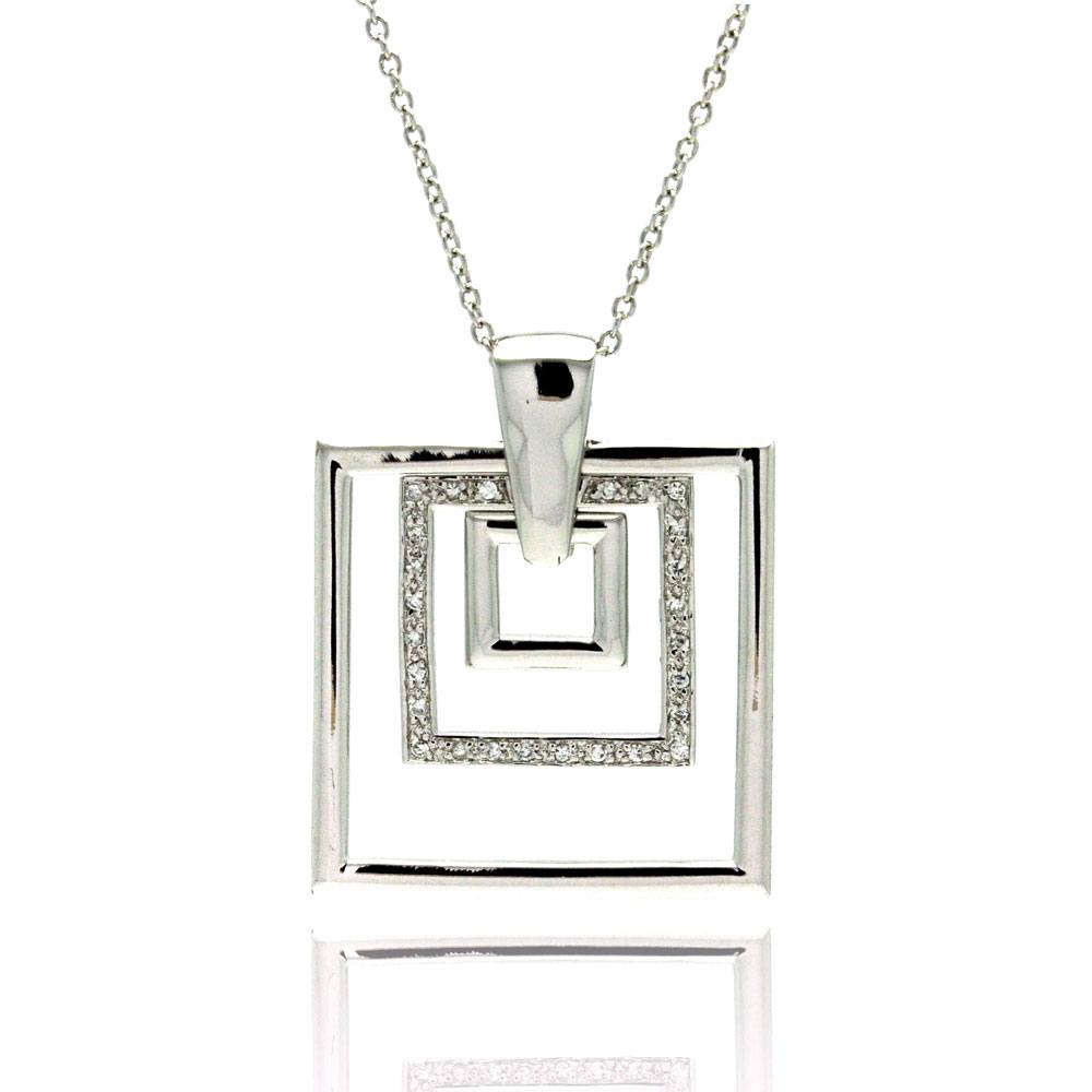 Sterling Silver Necklace with Classy Multi Graduated Square Inlaid with Clear Czs Pendant