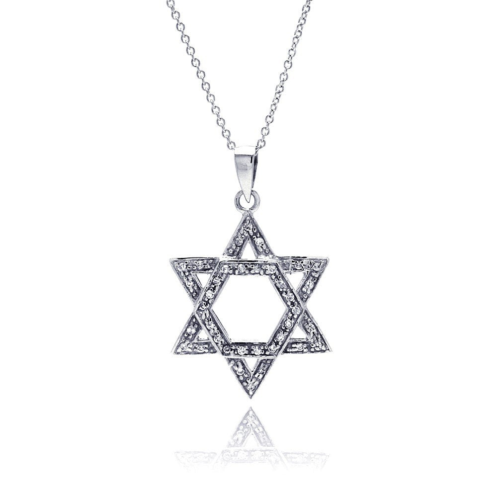 Sterling Silver Clear CZ Rhodium Plated Star Of David Pendant Necklace