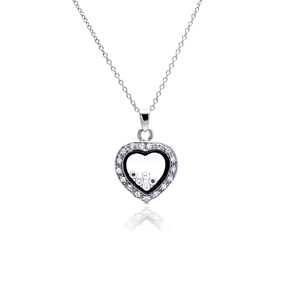 Sterling Silver Necklace with Fancy Paved Heart Glass Pendant with Round Czs Inside
