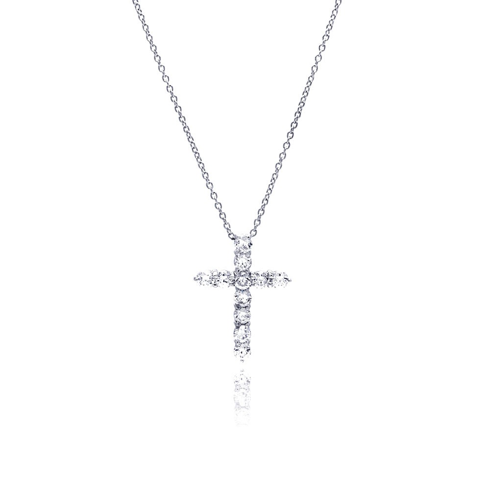Sterling Silver Clear CZ Rhodium Plated Classic Cross Pendant Necklace