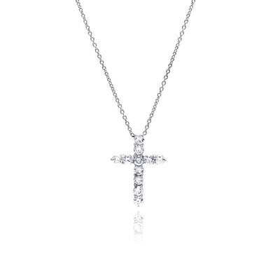 Sterling Silver Clear CZ Rhodium Plated Classic Cross Pendant Necklace